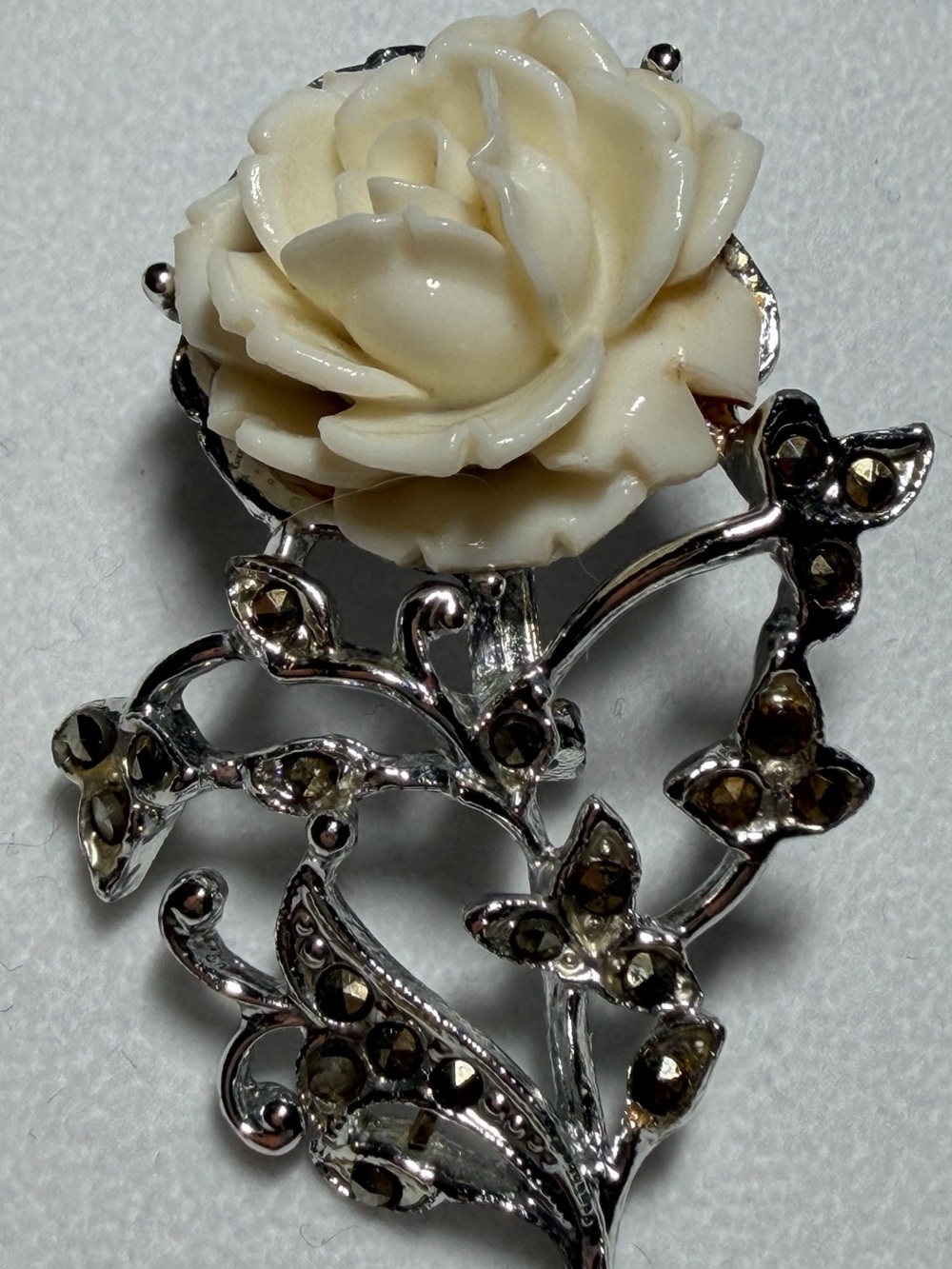 Vintage Coro Signed Silver Tone Carved Ivory Rose Marcasite Floral Brooch Pin